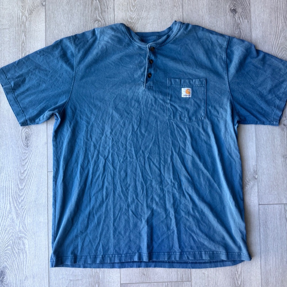Carhartt Original Fit Henley Shirt Mens XL Blue Short Sleeve Pocket Workwear Tee